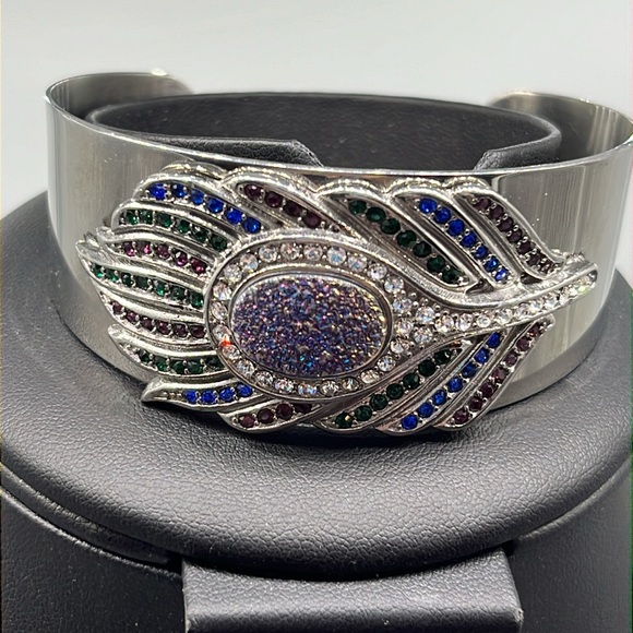 Vintage Large stainless steel rhinestone peacock feather cuff bracelet - Picture 5 of 13